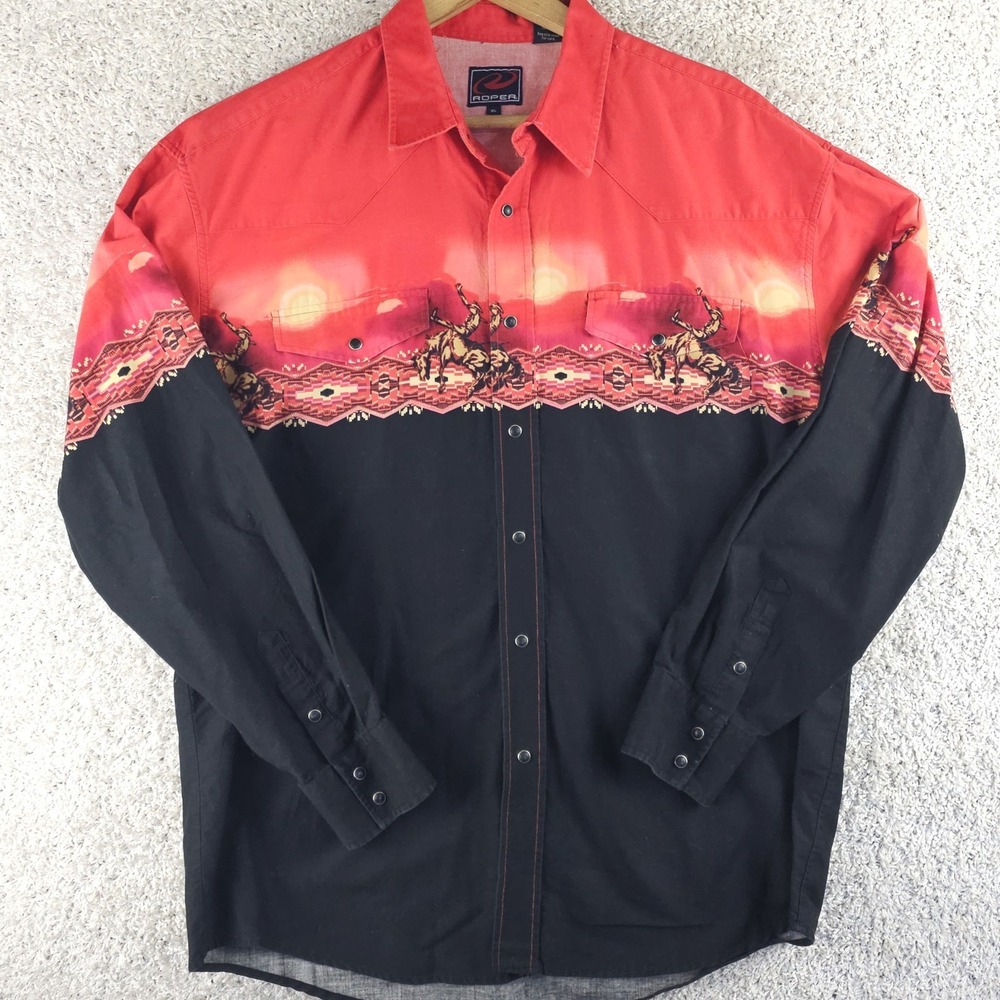 Vintage Roper Western Black Pearl Snap Aztec Bucking Cowboy Sunset Shirt Sz XL